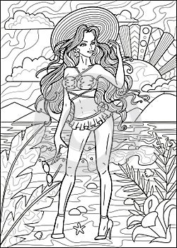 Coloring page with young beautiful woman wearing swimsuit on vacation on beach