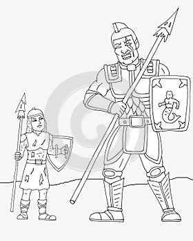 coloring page of a young man angry and preparing to fight with a giant