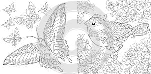 Coloring pages with bird and butterfly