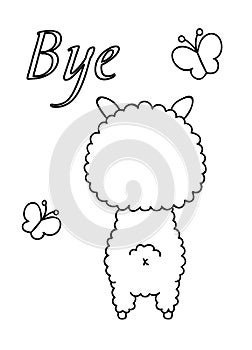 Coloring pages, black and white cute hand drawn llama and butterfly doodles, lettering bye