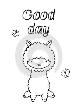 Coloring pages, black and white cute hand drawn llama and butterfly doodles, lettering good day