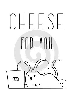 Coloring pages, black and white cute hand drawn mouse doodles, lettering cheese for you