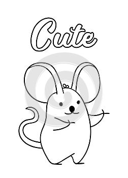 Coloring pages, black and white cute hand drawn mouse doodles, lettering cute