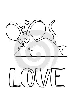 Coloring pages, black and white cute hand drawn mouse doodles, lettering love