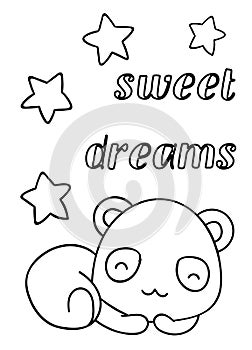 Coloring pages, black and white cute hand drawn panda and stars doodles, lettering sweet dreams