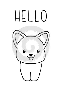 Coloring pages, black and white cute kawaii hand drawn corgi dog doodles, lettering hello
