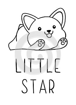 Coloring pages, black and white cute kawaii hand drawn corgi dog doodles, lettering little star