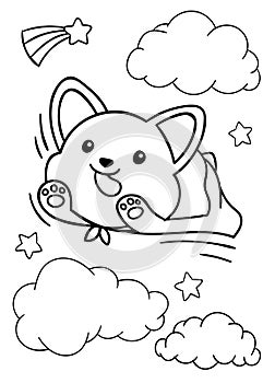 Coloring pages, black and white cute kawaii hand drawn corgi dog super hero doodles