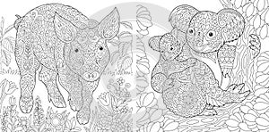 Coloring pages with pig and koalas photo