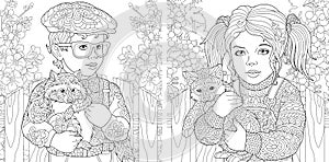 Coloring pages with boy and girl embracing furry animals