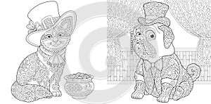 Coloring pages with cat and pug dog