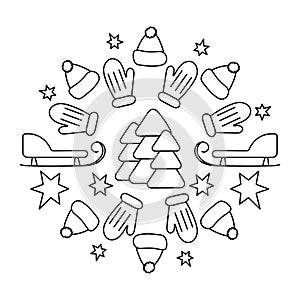 Coloring pages for children. Winter activities and walks, mandala . Sleds, mittens, hats, Christmas trees