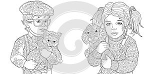 Coloring Pages. Coloring Book for adults. Colouring pictures with boy and girl holding cat and dog drawn in zentangle style.