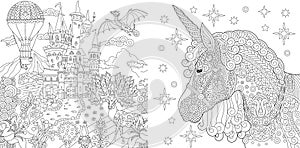Coloring Pages. Coloring Book for adults. Colouring pictures with fairytale castle and magic unicorn. Antistress freehand sketch