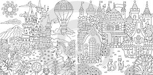 Coloring Pages. Coloring Book for adults. Colouring pictures with fantasy castles and houses drawn in zentangle style. Vector