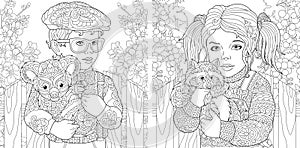 Coloring Pages. Coloring Book for adults. Colouring pictures with kids holding furry animals drawn in zentangle style. Vector