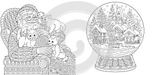Coloring Pages. Coloring Book for adults. Colouring pictures with Santa Claus and magic snow ball. Antistress freehand sketch