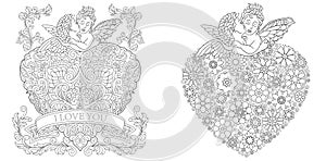 Coloring Pages. Coloring Book for adults. Colouring pictures. Valentines day greeting cards drawn in zentangle style. Vector