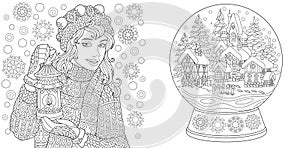 Coloring Pages. Coloring Book for adults. Colouring pictures with winter girl and crystal snow ball. Antistress freehand sketch