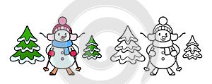 Coloring Pages. Coloring book snowman skiing