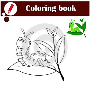 Coloring pages. Cute caterpillar on a leaf on a twig