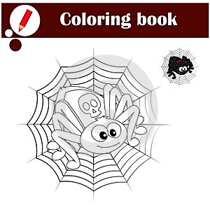 Coloring pages. Cute spider on the web