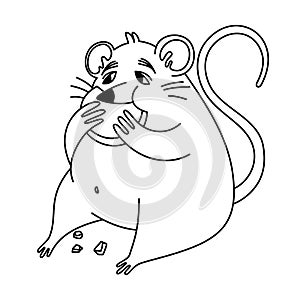Coloring pages doodle style. Fat rat eat cheese. Vector