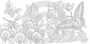 Coloring pages with dragonfly, butterflies and flowers