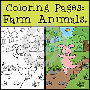 Coloring Pages: Farm Animals. A cute little pig runs along the road and laughs. photo