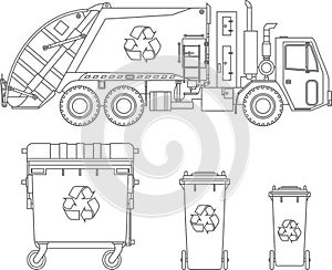 Coloring pages. Garbage truck and different types of dumpsters on white background in flat style. Vector illustration.