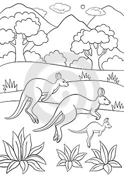 Coloring pages. The kangaroo family runs.