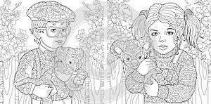 Coloring pages with kids holding baby tiger and koala