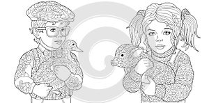 Coloring pages with kids holding duck and pig