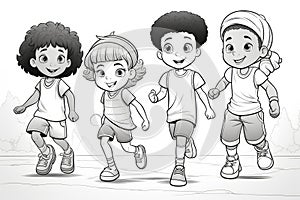 Coloring pages for kids. Kids playing basketball with friends