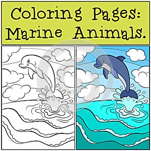 Coloring Pages: Marine Animals. Little cute dolphin jumps.