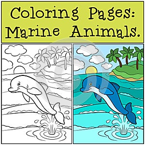 Coloring Pages: Marine Animals. Little cute dolphin jumps