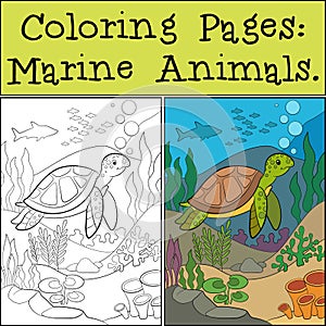Coloring Pages: Marine Animals. Little cute green sea turtle swims underwater with and smiles