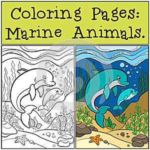 Coloring Pages: Marine Animals. Mother dolphin swims with baby