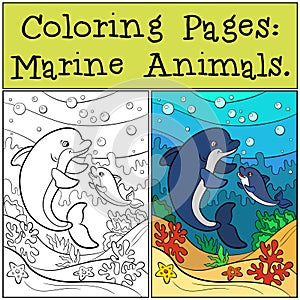 Coloring Pages: Marine Animals. Mother dolphin swims