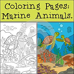 Coloring Pages: Marine Animals. Mother sea turtle swims underwater with her little cute baby and smiles