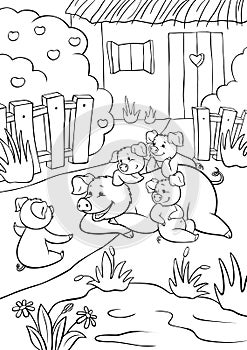 Coloring pages. Mommy pig and three little cute pigs are listening to the fourth piglet.