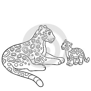 Coloring pages. Mother jaguar with her little cub.