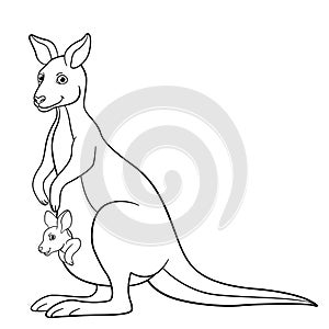 Coloring pages. Mother kangaroo with her little baby. photo