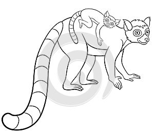 Coloring pages. Mother lemur with her little cute baby.