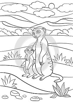 Coloring pages. Mother meerkat with her cute baby. photo