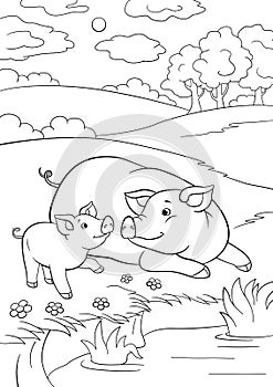 Coloring pages. Mother pig with her little cute piglet near the pond