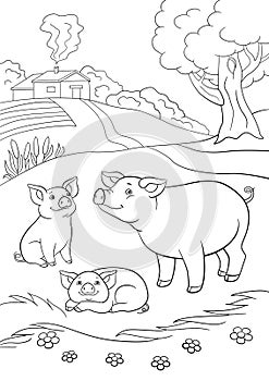 Coloring pages. Mother pig with her little cute piglets