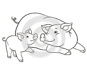 Coloring pages. Mother pig looks at her little cute piglet