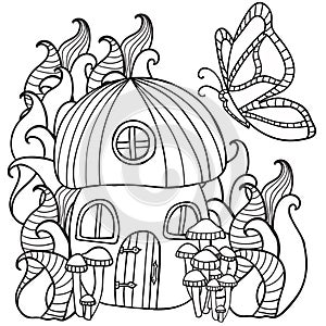 Coloring pages mushroom house with a butterfly in the fores