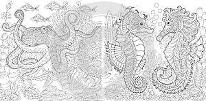 Coloring pages with octopus and seahorse